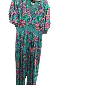 Vintage Diane Freis Green Tropical Rayon Silk Tassels 80s Jumpsuit XL (See Meas)